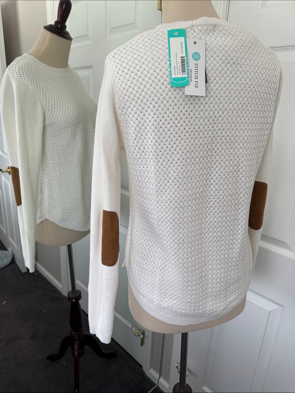 Lety & Me Josey Elbow Patch Cream Textured Crewneck Sweater S